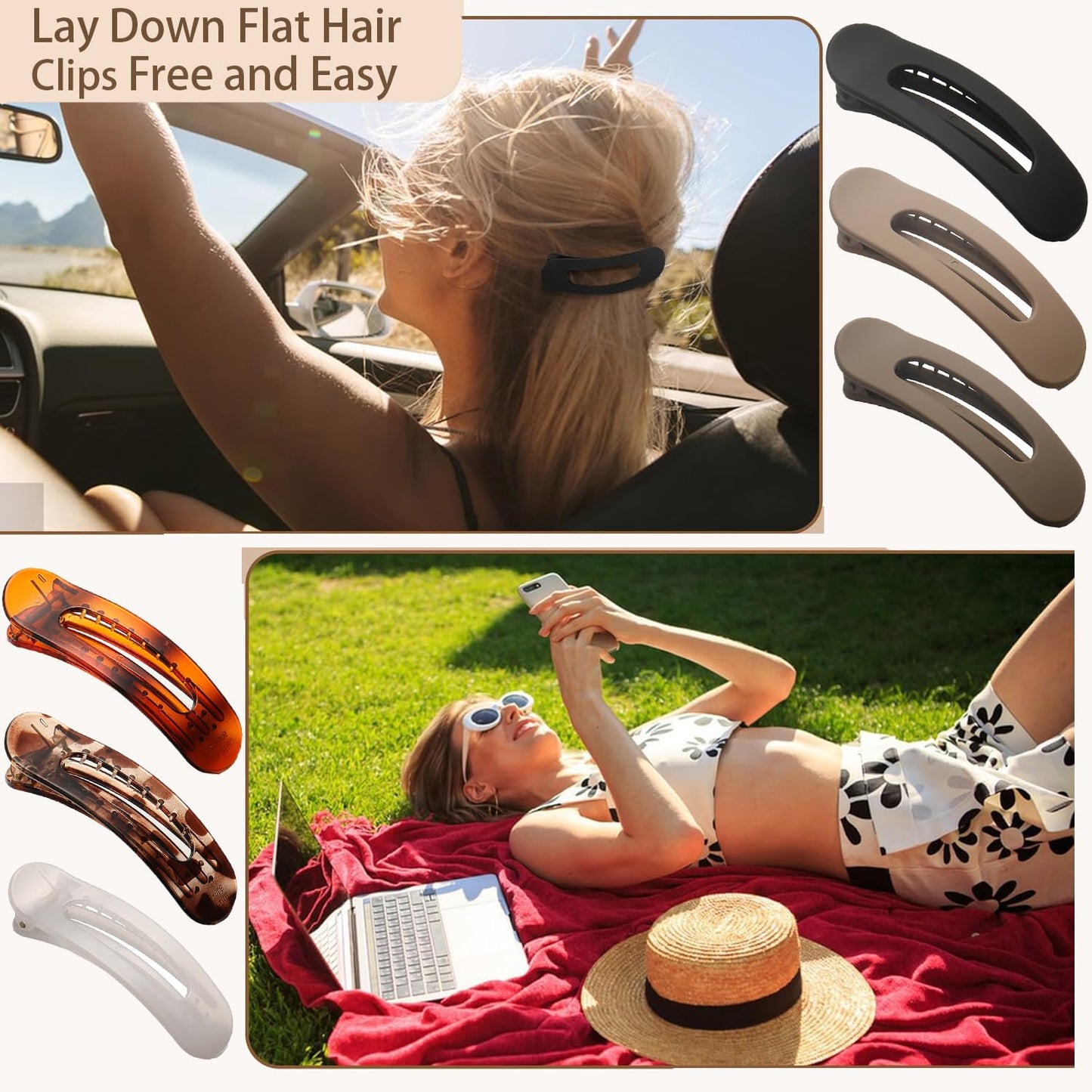 6 PCS Flat Claw Clips, Large Lay Flat Hair Clips for Women Girls, Strong Hold Non-slip Hair Claws for Thick Thin Hair (Tortoise