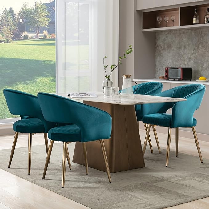 COMULER Teal Velvet Dining Chairs Gold Legs, Modern Dining Room Chairs with Arms Set of 6 Upholstered Accent Chair Armchair with Barrel Back for Kitchen Living Room