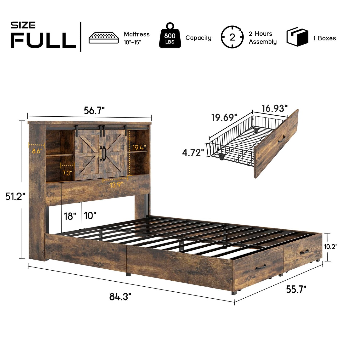 HOWE Full Size Wood Platform Bed Frame with 51.2" Bookcase Headboard, Storage Bed with Sliding Barn Door Charging Station 2 Drawers, No Box Spring Needed/Noise Free/Farmhouse/Rustic Brown