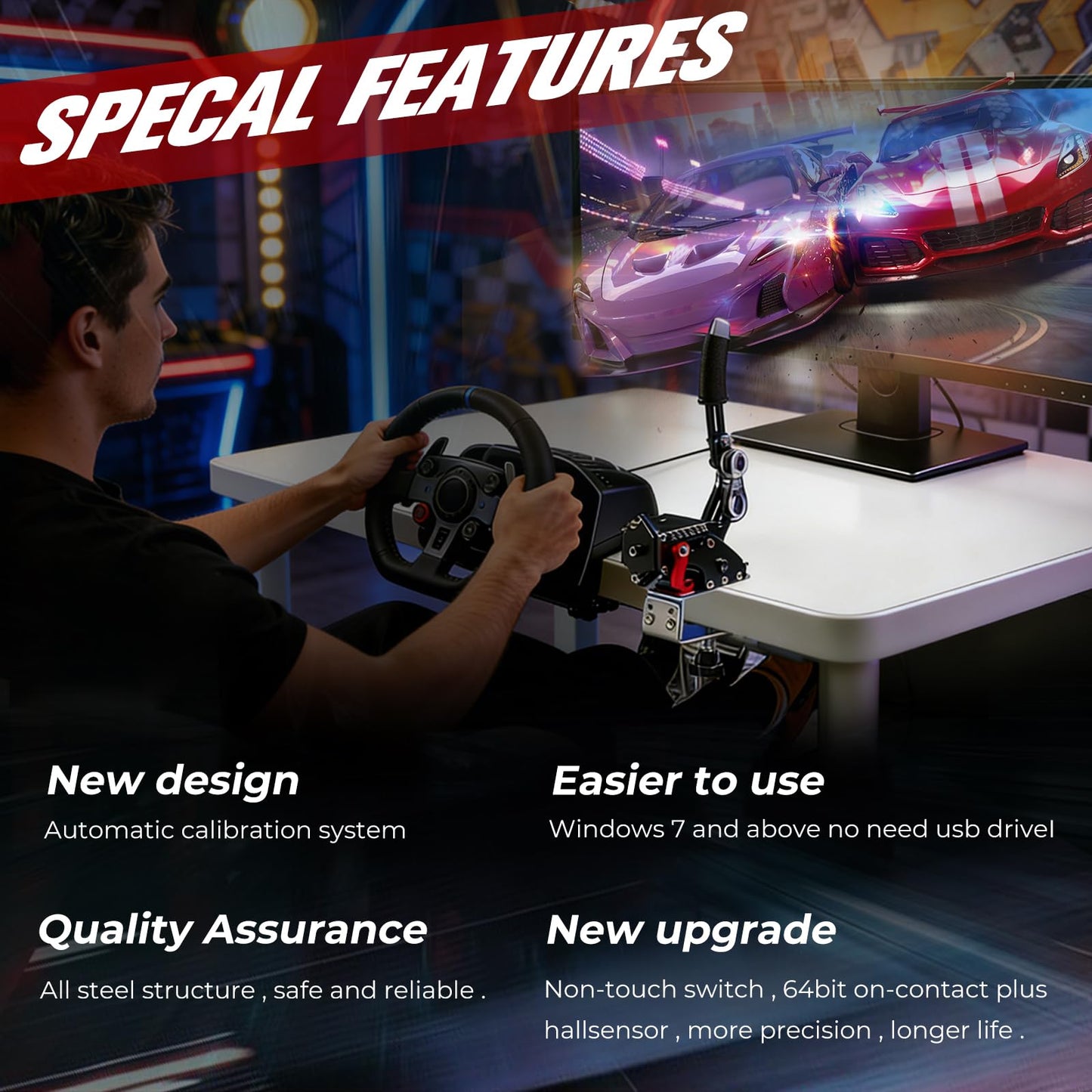 BGQG 64Bit USB Handbrake with Hall Effect Sensor Compatible With G920, Compatible with Xbox Series X/S & PC - 2-in-1 Sim Racing Handbrake with Clamp Mount