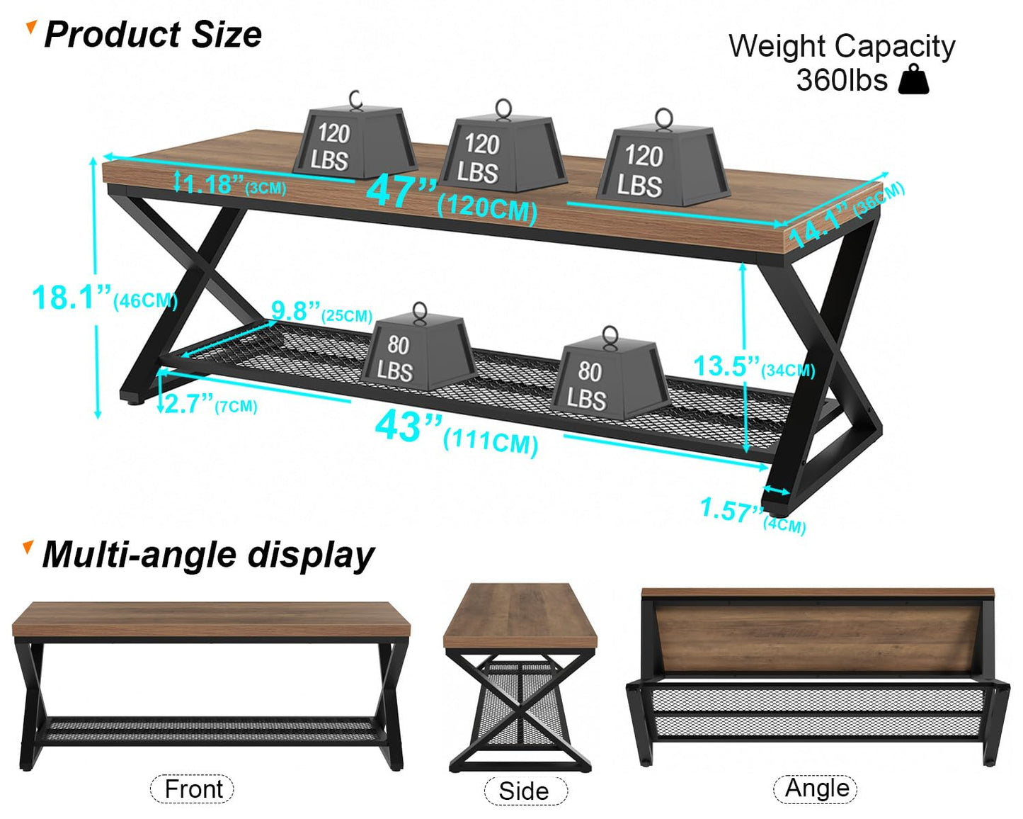 LVB Entryway Bench, Indoor Shoe Bench with Storage and Seating, Wood Metal Storage Bench for Bedroom Living Room, Farmhouse Shoe Rack Bench for Sitting in Hallway Foyer Entrance, Rustic Oak, 47 inch