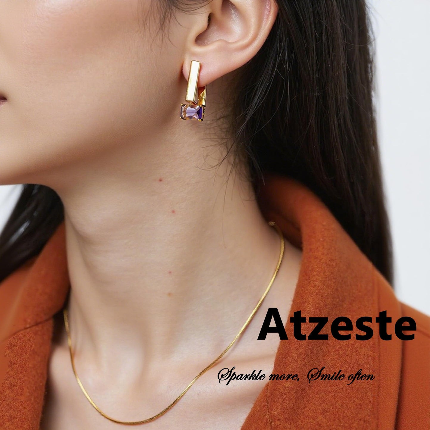 Atzeste 2025 Gold Earrings for Women, 18K Gold Plated Dangle Earrings for Women Unique Design, Trendy Purple Square Glass Drop Earrings for Fashion Jewelry Gifts
