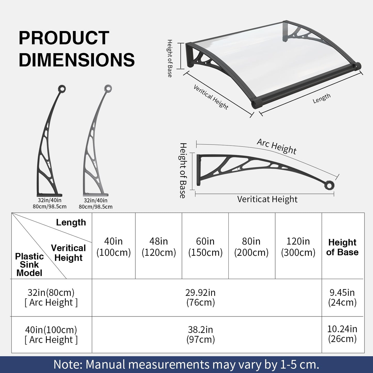 Awning for Door Entrance,40x60 inch Awnings for Doors with Separate Drainage,Front Door Awning Exterior,Polycarbonate UV, Rain, and Snow Protection for Porch,Patio,Window,Deck