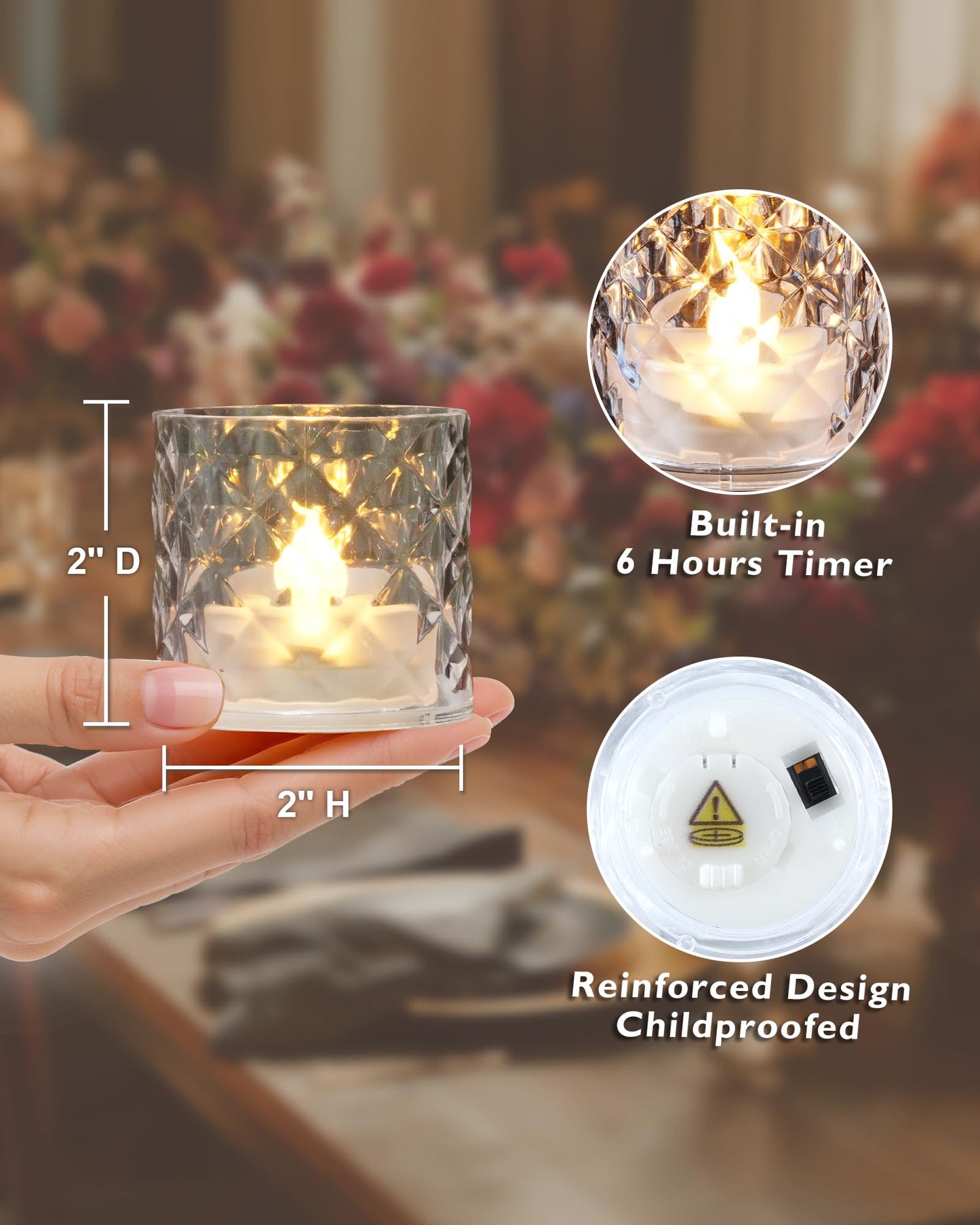 Homemory 2" x 2" Acrylic Votive Candle Holders with Auto Timer Flameless Led Tealight, Battery Powered Fake Electric Candles for Wedding Centerpiece, Table, Christmas Decor (12Pack, Clear Base)