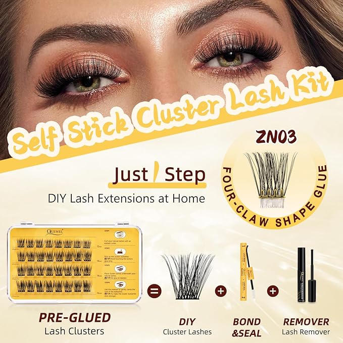 QUEWEL Self Adhesive Eyelashes Natural Look, No Glue Needed Lash Clusters with Eyelash Clusters Tweezer, 32 Pcs Reusable Lashes Self Adhesive for Beginners, DIY Lash Extensions for Home Use(ZN-03)