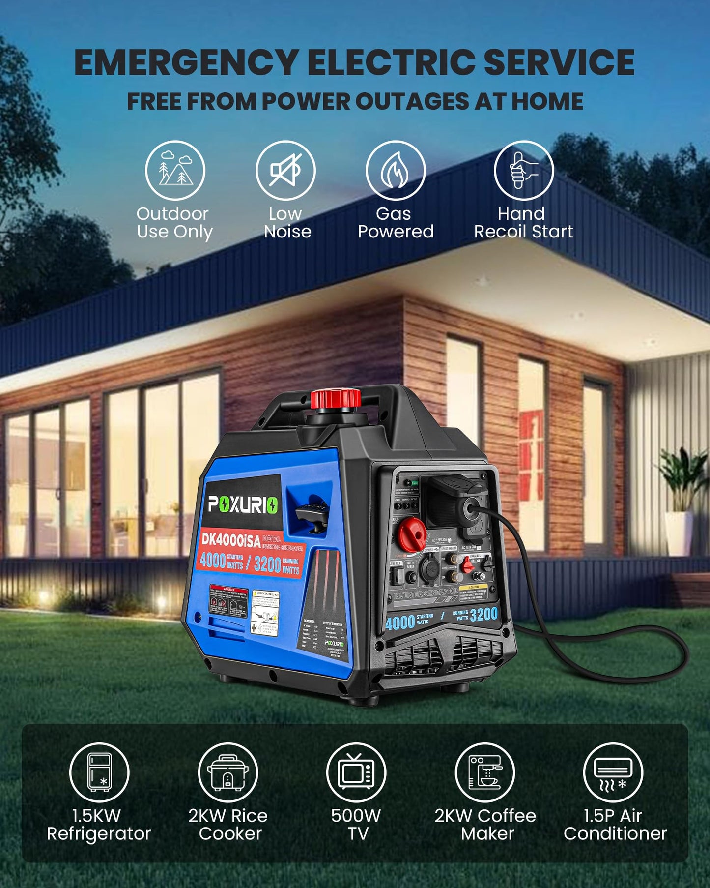 4000 Watt Inverter Generator, 120V Gas Powered Generator Superquiet, Remote Start/Electric Start/Rv Ready/Epa For Rv, Camping An