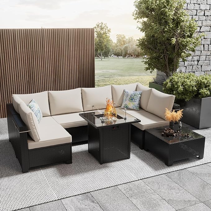 Ophelian 8 Pcs Patio Furniture Set with Fire Pit Table Wicker Outdoor Sectional Sofa, Conversation Set Perfect for Backyard, Garden, Deck (Deep Brown/Beige)