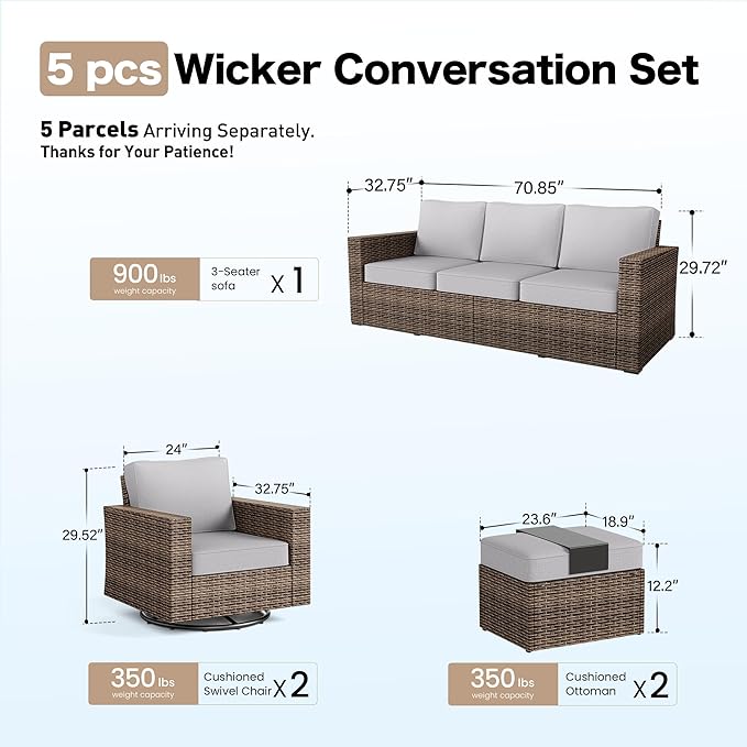 SUNSHINE VALLEY Swivel Glider 5 Piece Outdoor Furniture Set with Swivel Chairs, Wicker Patio Furniture with 4.92" Wide Armrest, 26.3" Deep Seating and 5.5" Thick Cushions, Grey