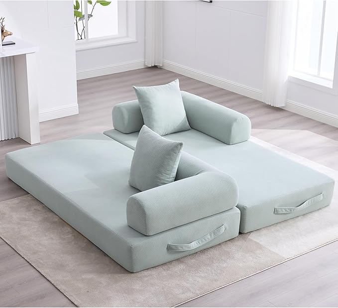 ZEIINPA Convertible Sleeper Sofa Bed, Folding Floor Sofa Bed with Fixed-Shape Frame, Corduroy Floor Sleeper Sofa with Storage Pocket, Futon Boneless Sofa Couch for Living Room, Mint Blue