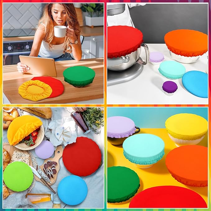 Patelai 10 Pcs Bowl Covers Reusable in 5 Size Stretch Cloth Fabric Elastic Food Storage Bowl Covers Bread Sourdough Lids for Proofing Food Fruits Leftover(Rainbow,Rainbow Style)