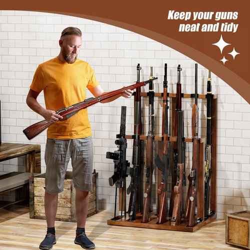 amoard Indoor Gun Racks, Wooden Free Standing Heavy Duty Shotgun Display Rack, Rifle Stand Organizer, 12 Rifles Storage Holder Wood Gun Rack (Walnut)