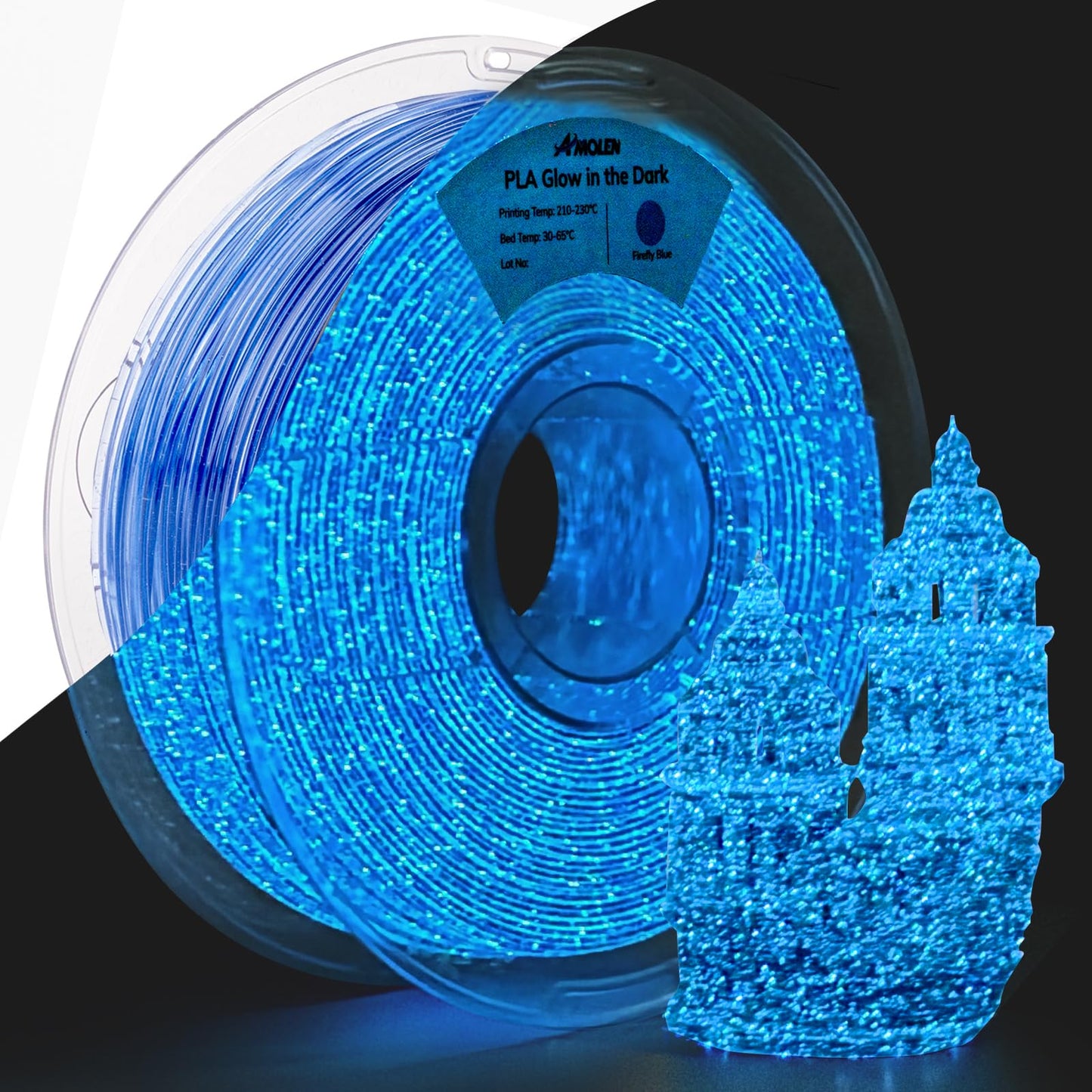 AMOLEN 3D PLA Printer Filament, 1.75mm Glow in The Dark Shiny Firefly Blue PLA Filament for 3D Printing, Best with UV Lamps, 1kg