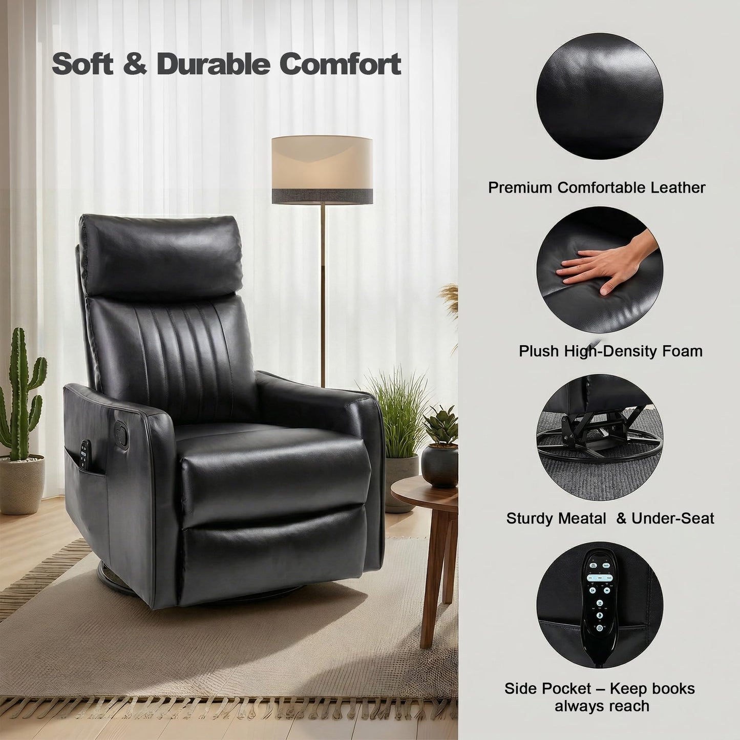 Casaphoria 360° Swivel Rocking Recliner Chair with Heat and Massage Upholstered Fabric Nursery Glider with Side Pocket for Living Room,Bedroom,Home Theater and RV Small Space(Black)