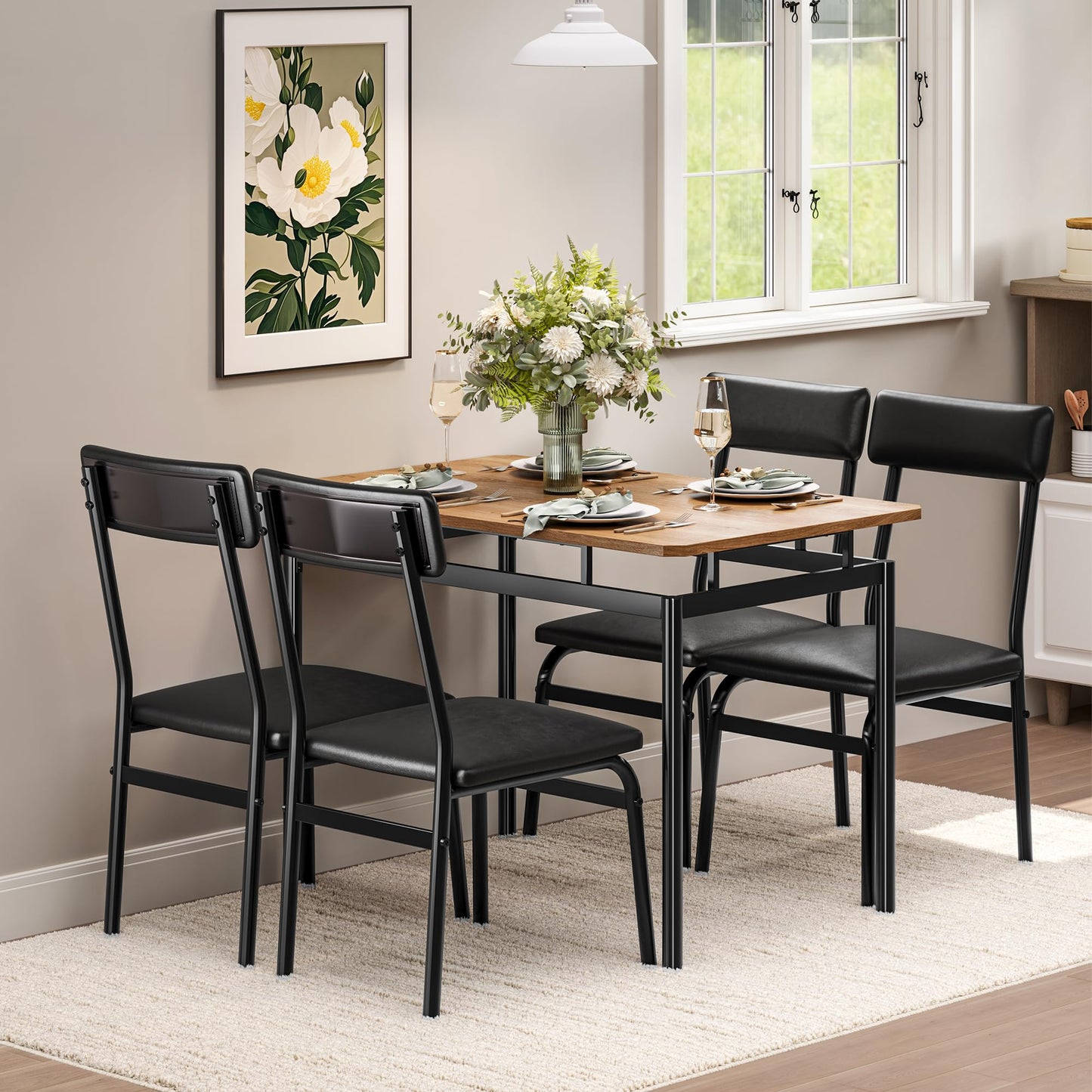 Garvee Dining Table Set for 4, 5 Piece Wooden Dining Room Table Set, 4 PU Upholstered Chair, Modern Metal Frame Dinette Set for Dining Room, Home Dinner, Party, Kitchen, Black