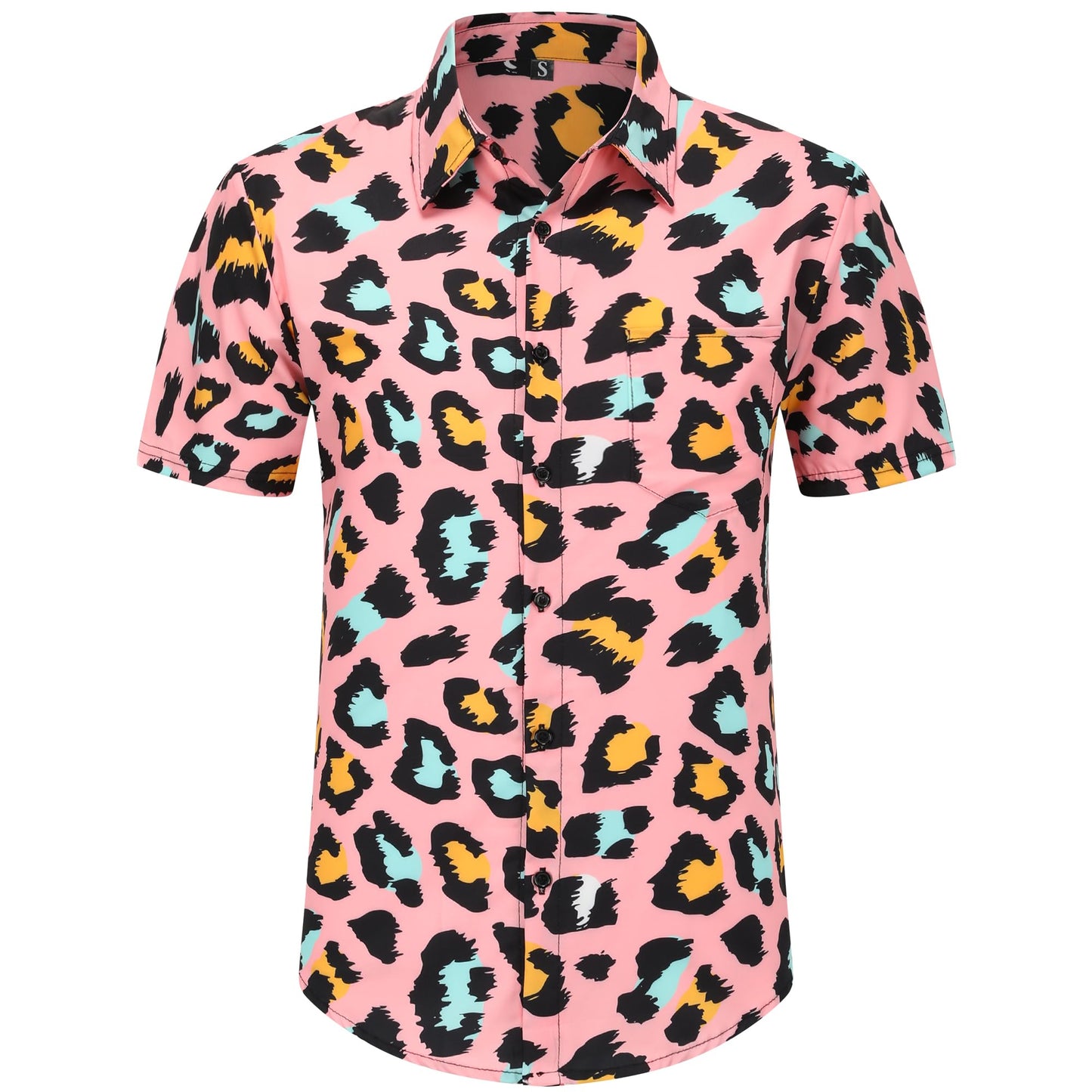 Spanoous Men's 2 Piece Tracksuits Rave Outfit Pink Leopard Print Shirt and Shorts Set with Bucket Hats 02-S