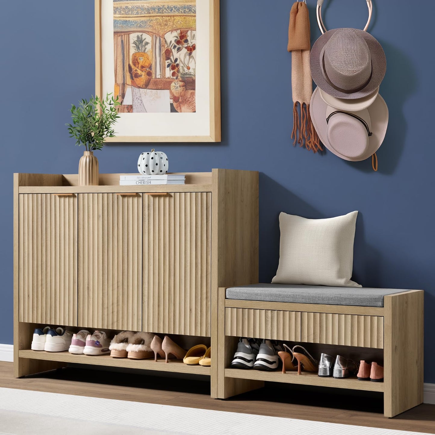 OAKHAM HOME Fluted Shoe Bench with 2 Drawers, Heavy Duty Entryway Storage Stool with Soft Linen Seat Cushion, Shoe Rack Organizer with Shelf for Hallway Living Room Bedroom (Sunwashed Ash Oak)