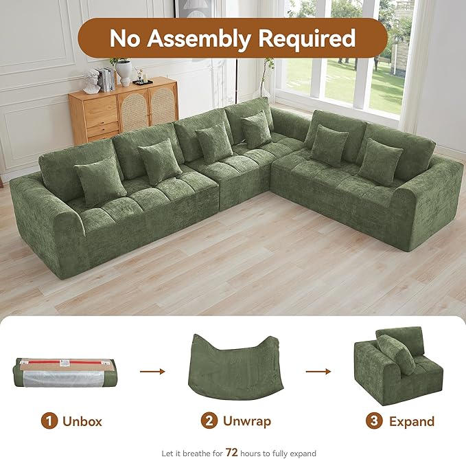 140''Modular Sectional Couches for Living Room, Cloud Boneless Compressed Sectional Sofa, Oversized L Shaped 6 Seater Upholstered Memory Foam Sofa, No Assembly, Chenille Green