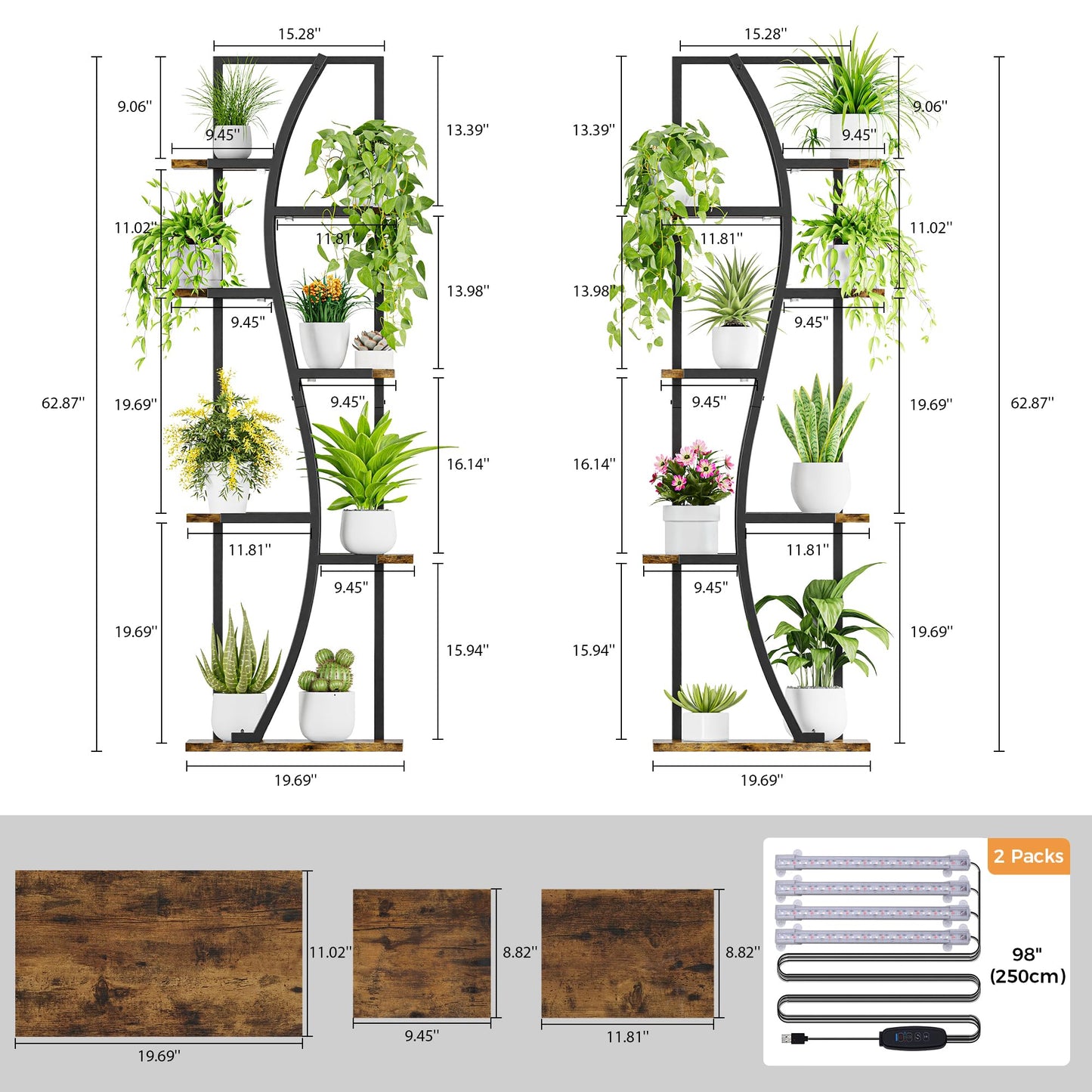 IRONCK Indoor Plant Stand with Grow Light 2 Set - 62" Tall Corner Shelf, 7 Tier S-Shape Plant Display Shelves Stylish Plant Holder for Home & Office