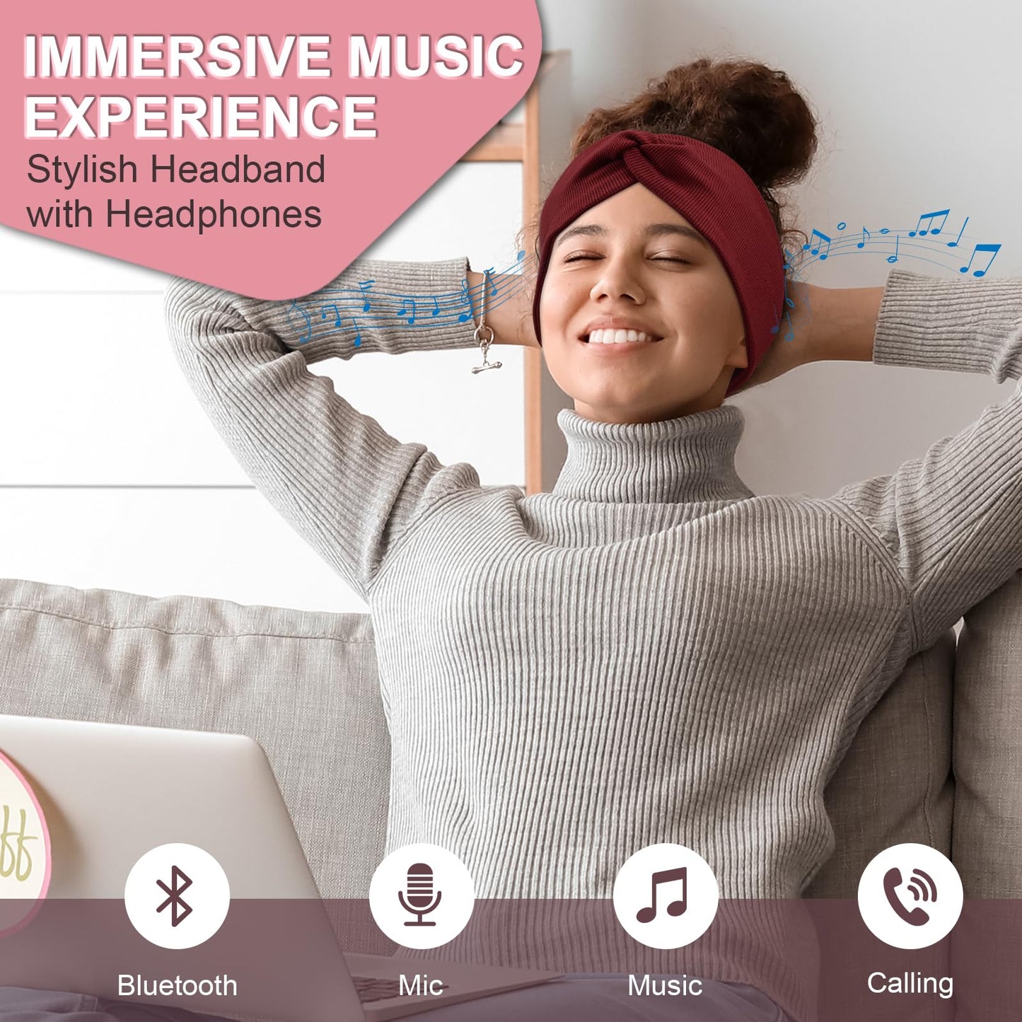 2-Pack Headband Headphones with Thin HD Speakers, Bluetooth Headband for Women, Stylish Knotted Design, Wireless Bluetooth Headphones for Workout, Daily Life, Yoga, Travel, Meditation - Red&Black