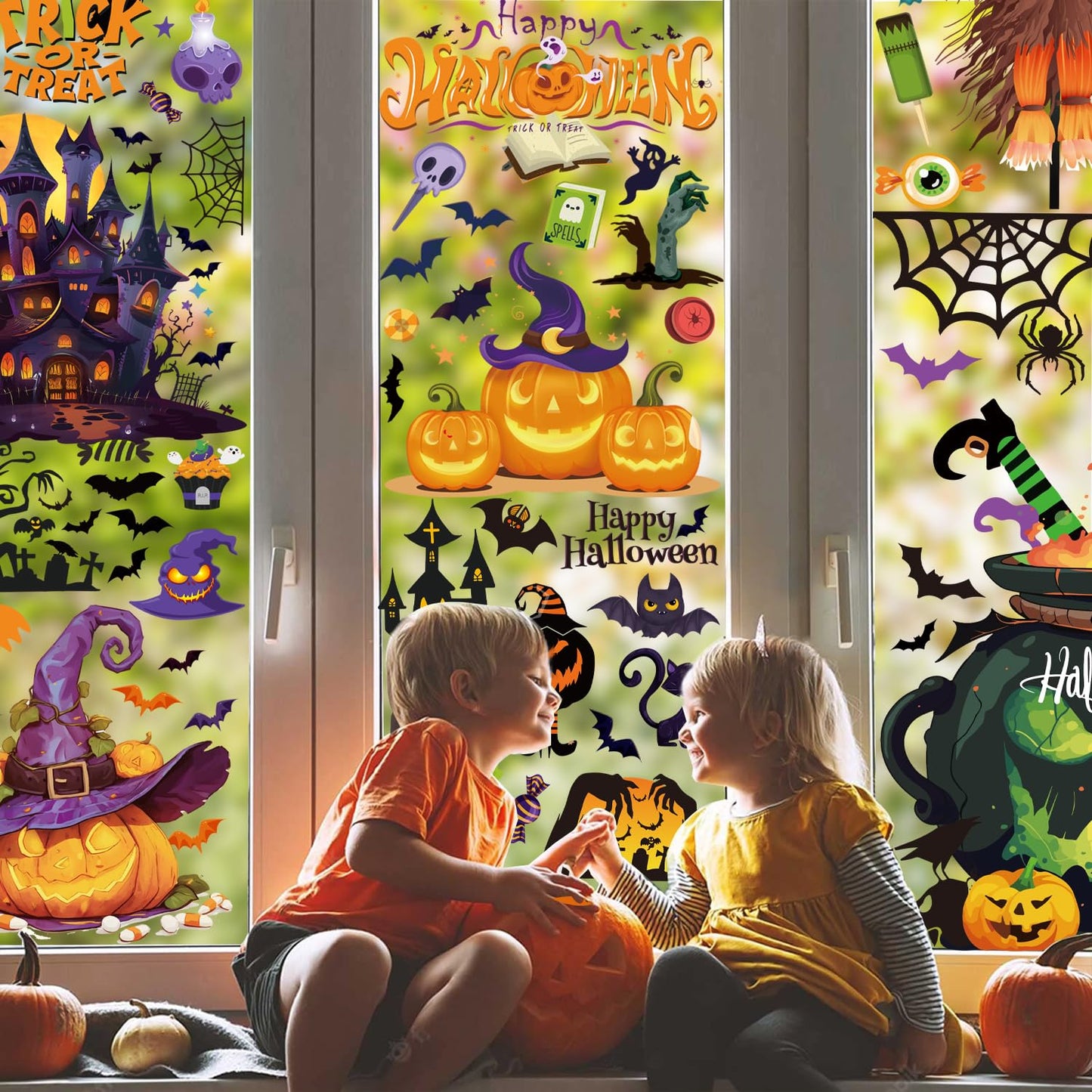 FCZon Star 9 Sheets Halloween Window Clings Decals for Party Decoration, Reusable Double Side Halloween Window Stickers, Indoor & Outdoor Home Decor,Ghosts, Pumpkins, Bats and Other Elements