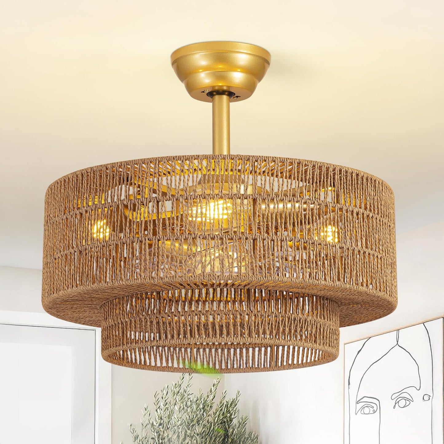 Boho Caged Fandelier with Lights Flush Mount Rattan Ceiling Fan with Lights and Remote Control, Enclosed 6 Speeds Low Profile Fa