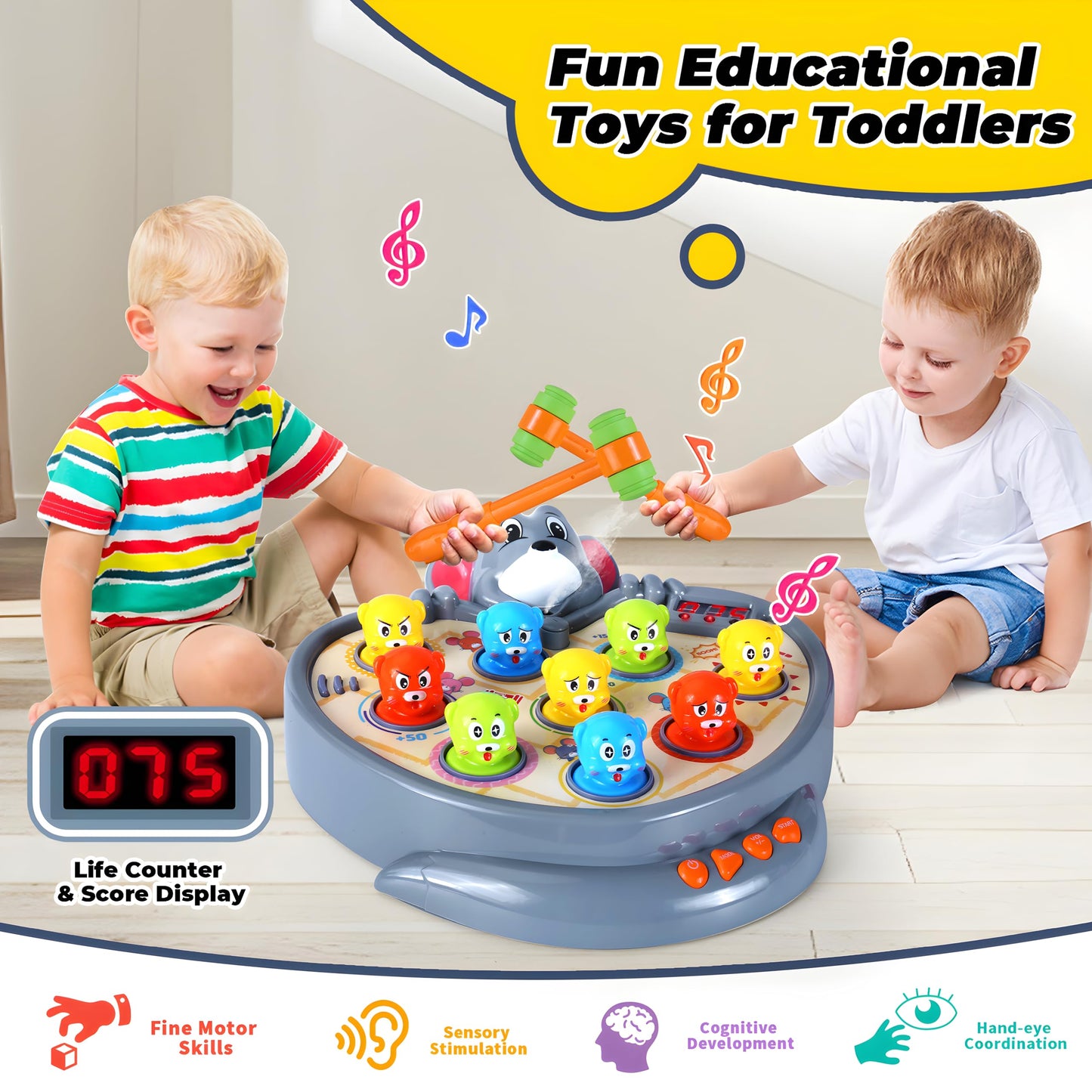 Yerloa Game for Toddlers 2 3 4 5 Year Old Boy Toys Christmas Unique Gift Kids Toys Ages 2-4 4-6 2-3 3-5 4-8 Interactive Learning Educational with Spray 2 Hammers, 5 Modes, 9 Music & Light