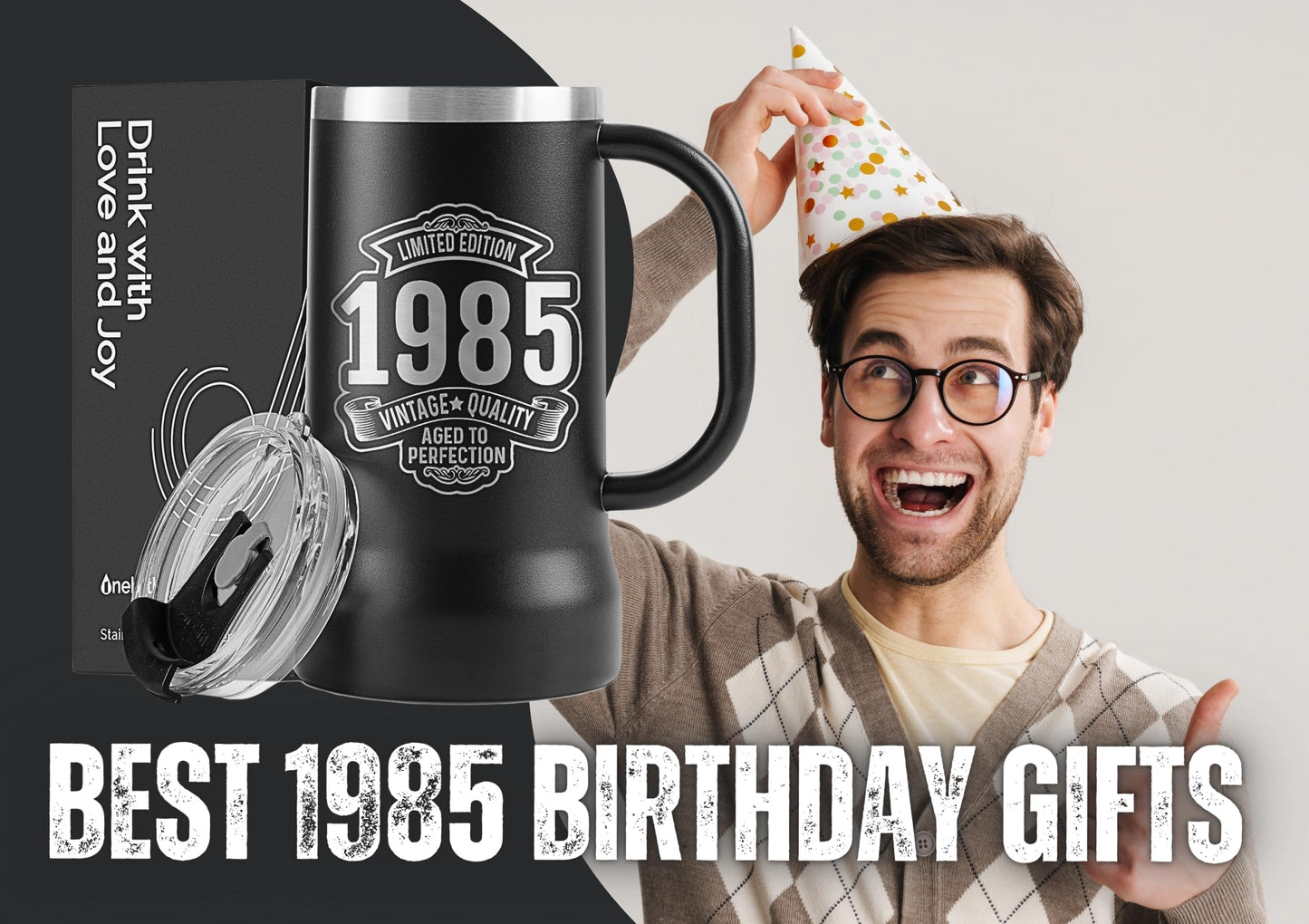 Onebttl 40th Birthday Gifts for Men, Birthday Gifts for Man, 24oz Stainless Steel Beer Stein, Vintage 1985