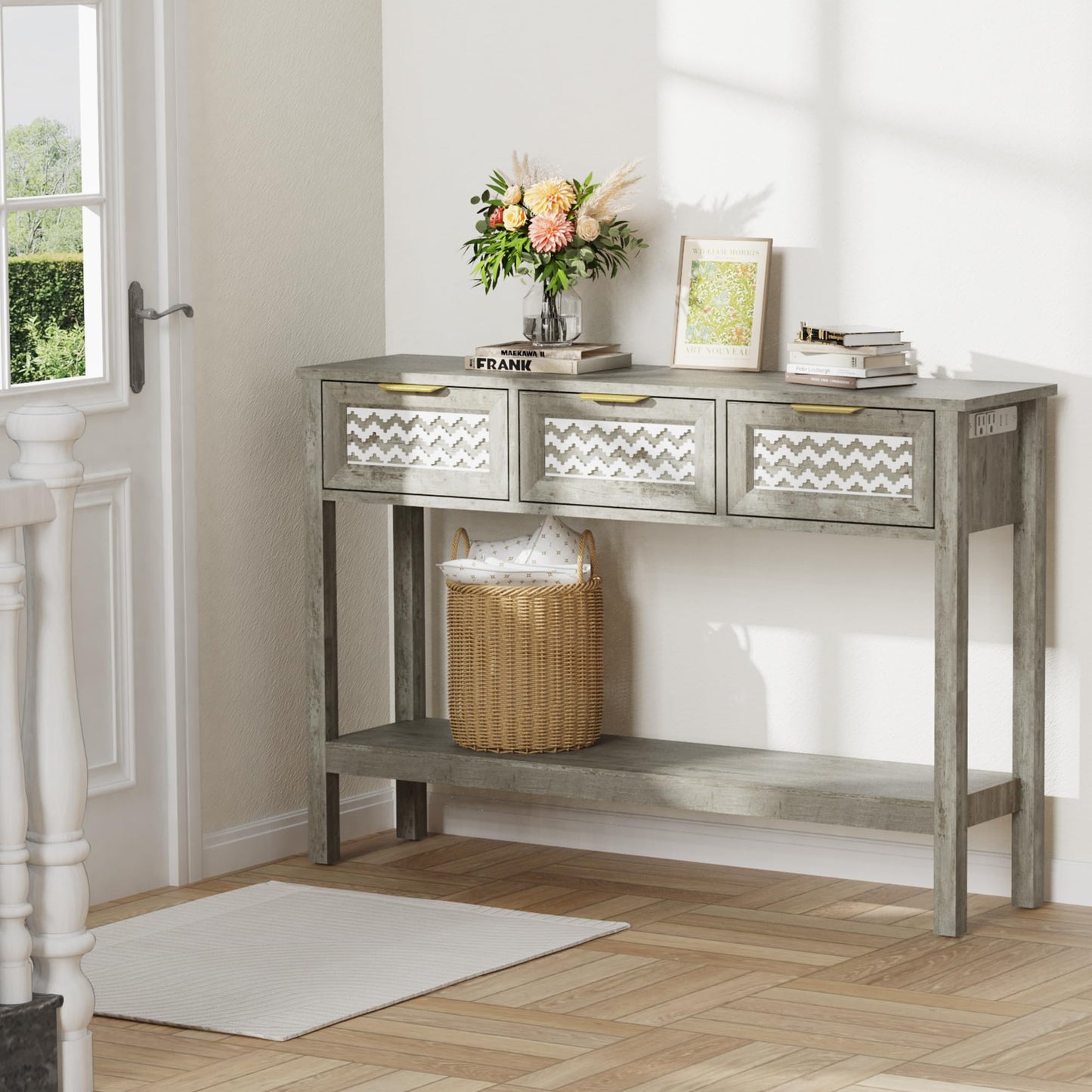 YOCONYO Entryway Table, Rattan Console Table with 3 Storage Drawers and Storage Shelf, Sofa Table with Socket, for Entryway, Living Room, Behind Couch and Hallway (Grey)