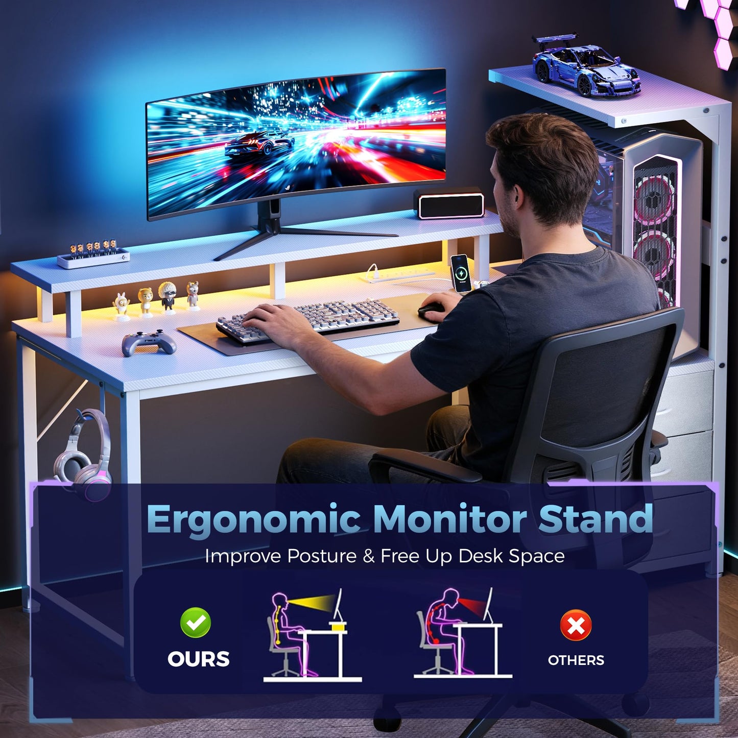 HAPPYMONT Gaming Desk with Shelves Storage Drawers, Computer Desk with LED Lights Power Outlets, Office Table with Shelf Cable Management for Bedroom Dual Monitor Streaming, White