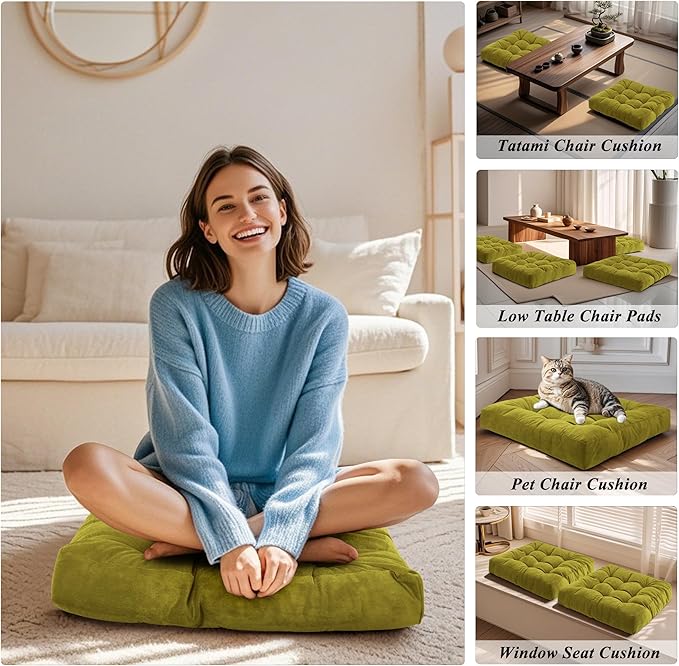 FlyGulls Meditation Floor Pillow 22×22 Inch 2 Pack Large Floor Cushions for Adults Square Tufted Corduroy Floor Pillows for Yoga Living Tatami Room Green