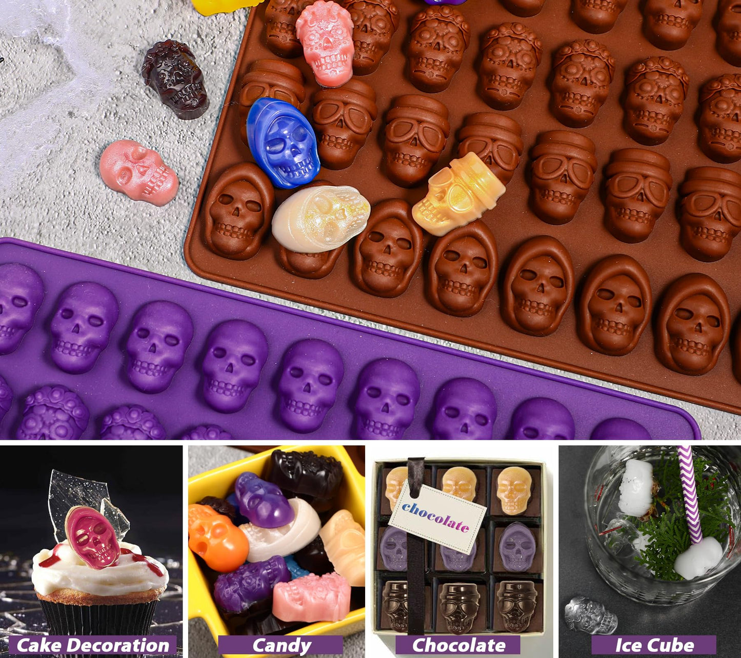 Webake Mini Skull Candy Mold with 4 Different Shapes, 36-Cavity Halloween Skull Silicone Chocolate Candy Mold for Gummy, Chocolate, Candy, Jello, Cupcake Decoration(2PCS)