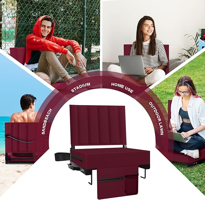 Aliphon Stadium Seat for Bleachers with Back Support and Cushion, Bleacher Seats with Shoulder Strap and Cup Holder, Padded Portable Folding Comfort Stadium Chair, for Sports Events,Wine Red(1pcs)