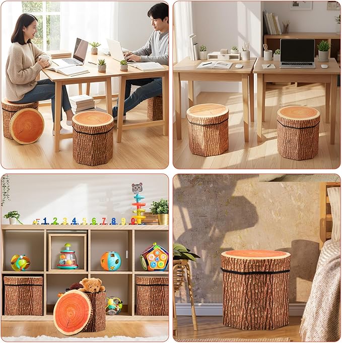 Amylove 8 Pack Tree Stump Storage Stool 12 x 12 Inch Stool Ottoman, Cute Folding Storage Box with Foam Cushion, Collapsible Seat Chest (Classic)