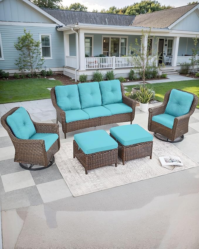 ACTREST Patio Sofa Outdoor Wicker Couch - Heavy Duty All-Weather Brown Rattan 3-Seater with High Back and Comfortable Thick Cushions for Garden Back Porch Poolside Apartment - Turquoise
