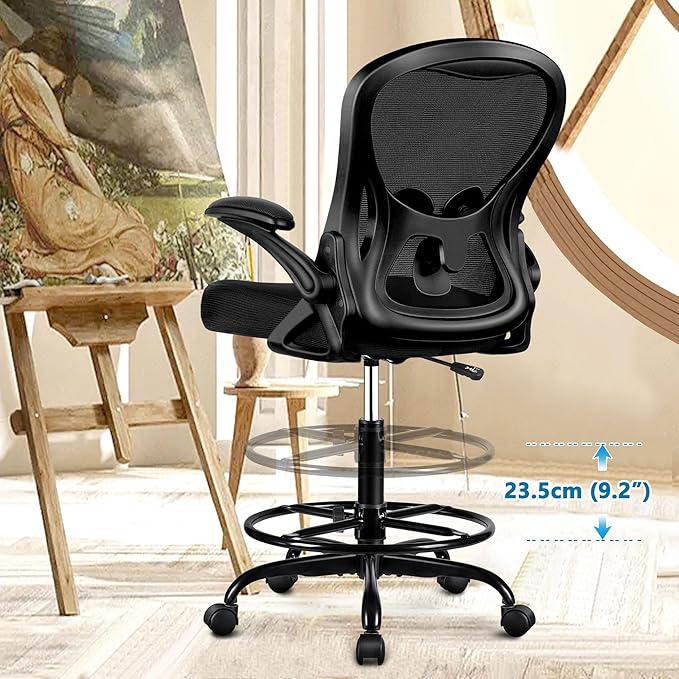 Winrise Drafting Chair, Tall Office Chair Ergonomic Standing Desk Chair, Lumbar Support Computer Chair Swivel Task Rolling Chair with Adjustable Flip-up Armrests Black Pack of 8