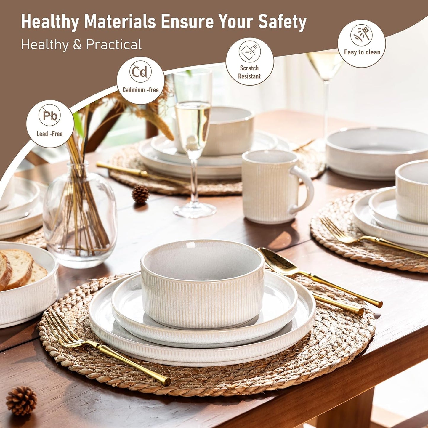 GBHOME Stoneware Dinnerware Sets for 4, Round Reactive Glaze Ceramic Plates and Bowls Set, Highly Scratch Resistant | Dishwasher & Microwave Safe ,Service for 4(12Pcs)