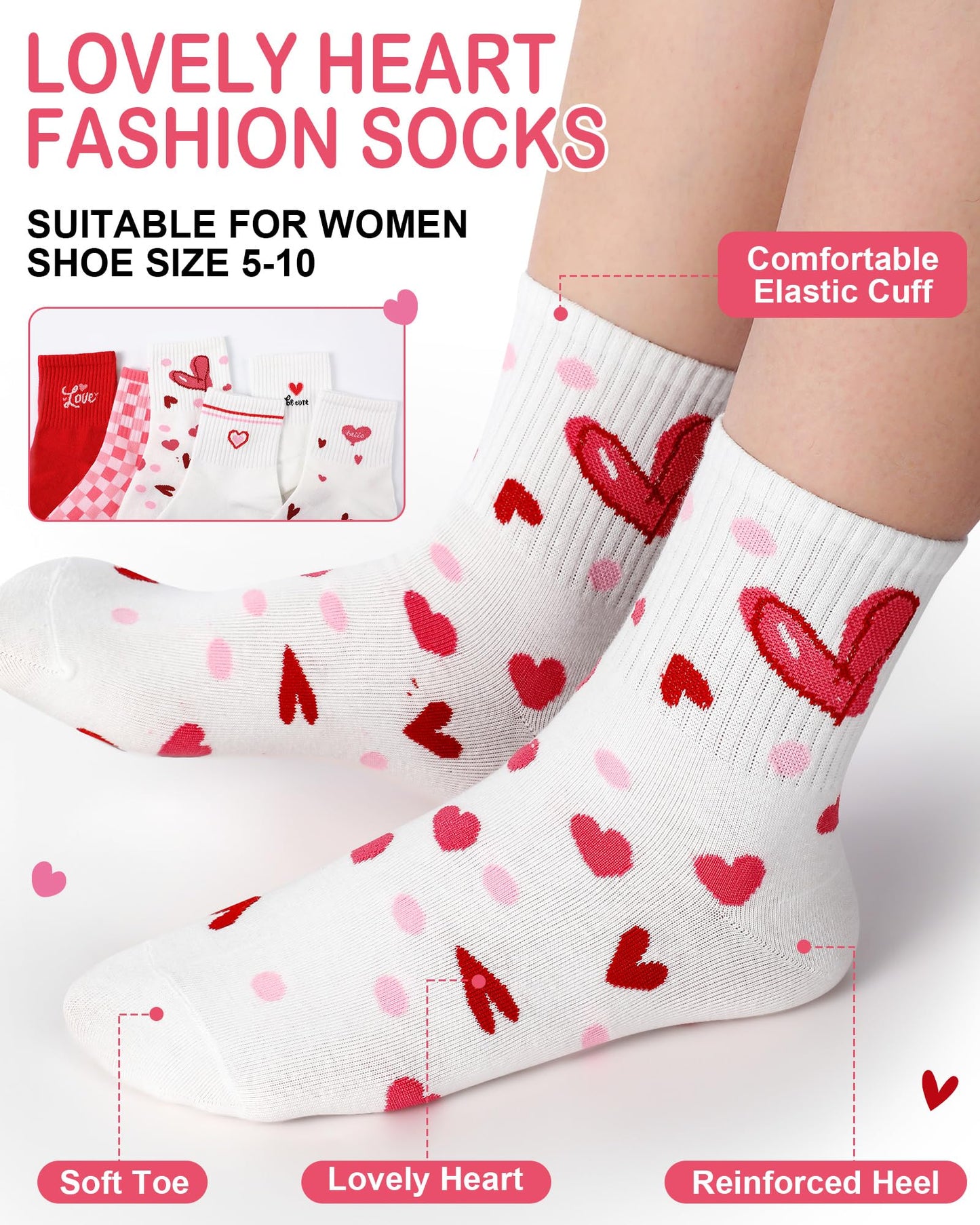 Shihanee 10 Pairs Women Heart Socks Cotton Soft Novelty Ankle Socks Bulk Cute Christmas Valentines Day Gifts, Red White Heart Pattern Striped Plaid,10 Styles