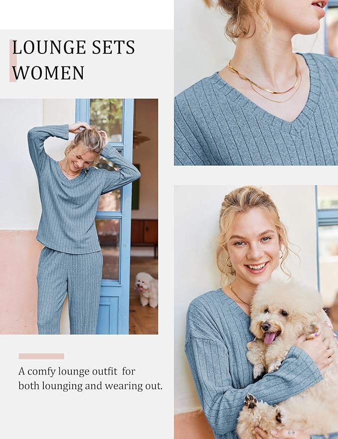 Ekouaer Lounge Sets for Women Long Sleeve Knit Ribbed Pajama Sets 2 Piece Casual Loungewear with Pockets