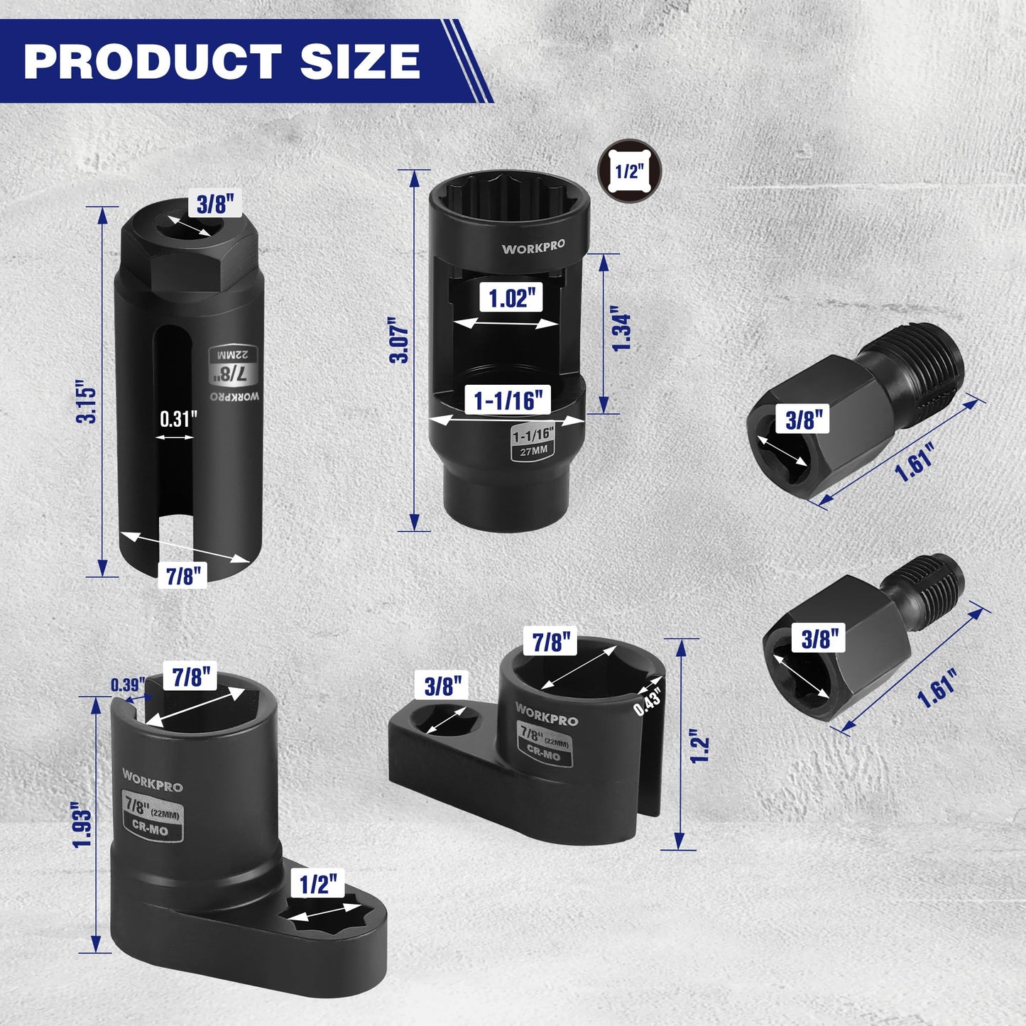 WORKPRO 6PCS O2 Oxygen Sensor Socket, Automotive 3/8" 1/2" Drive x 1-1/16" 7/8" 27mm 22mm O2 Sensor Socket Removal Tool and Thread Chaser Set, for Oil Pressure Vacuum Thermal Oxygen Sensors