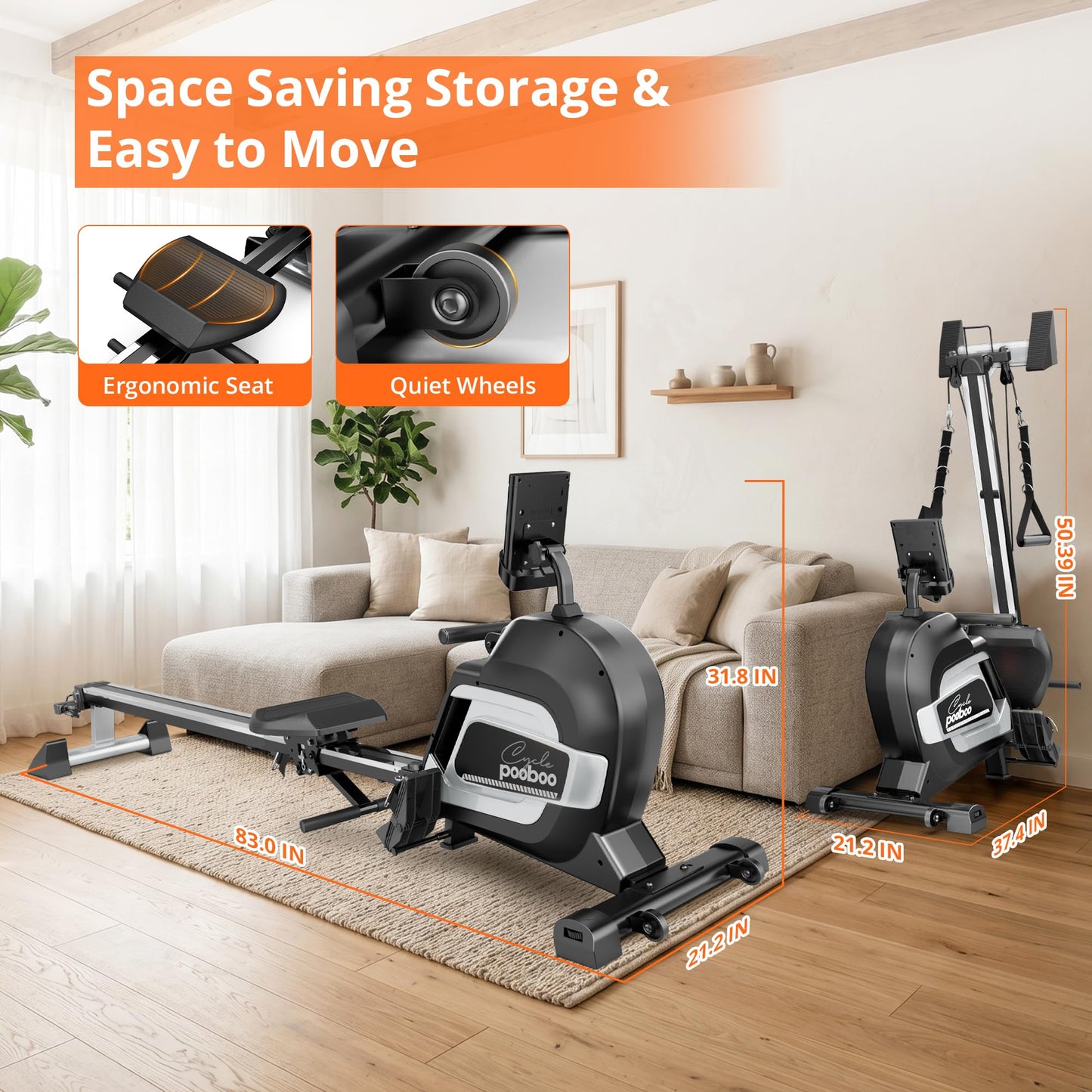 pooboo Rowing Machines for Home, Magnetic Rowing Machine with Adjustable Resistance, Folding Rower Machine of Quiet, 350lbs Weight Capacity, Comfortable Seat Cushion, LCD Monitor, App Support