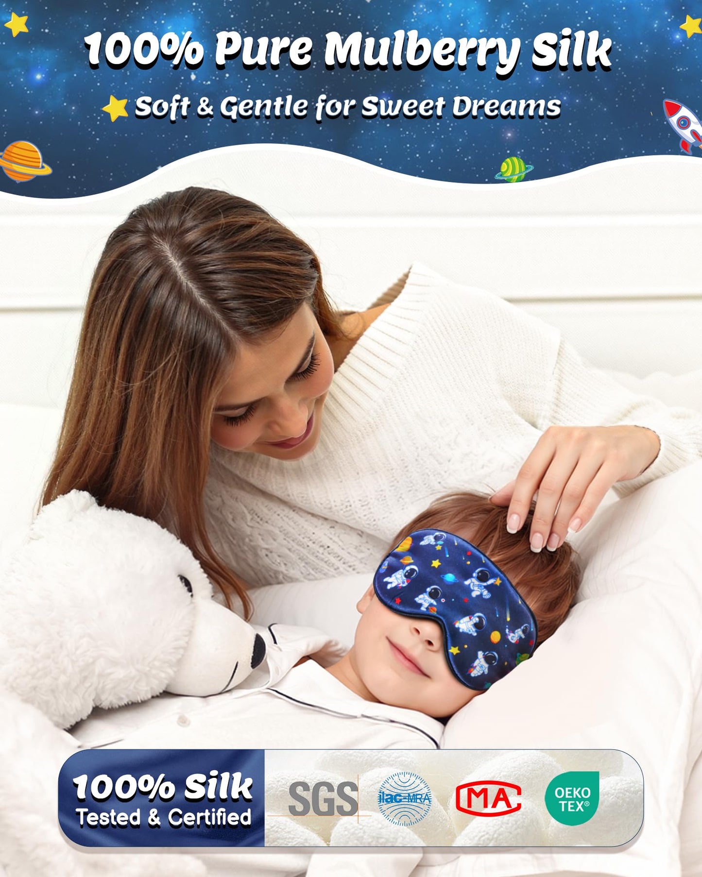BeeVines Kids 100% Real Mulberry Silk Sleep Mask 2 Pack, Original Design Pure Silk Sleeping Eye Masks for Boys, Skin-Friendly Blackout Eye Cover, Adjustable Strap, Reduce Puffy Eyes, for Travel Gifts