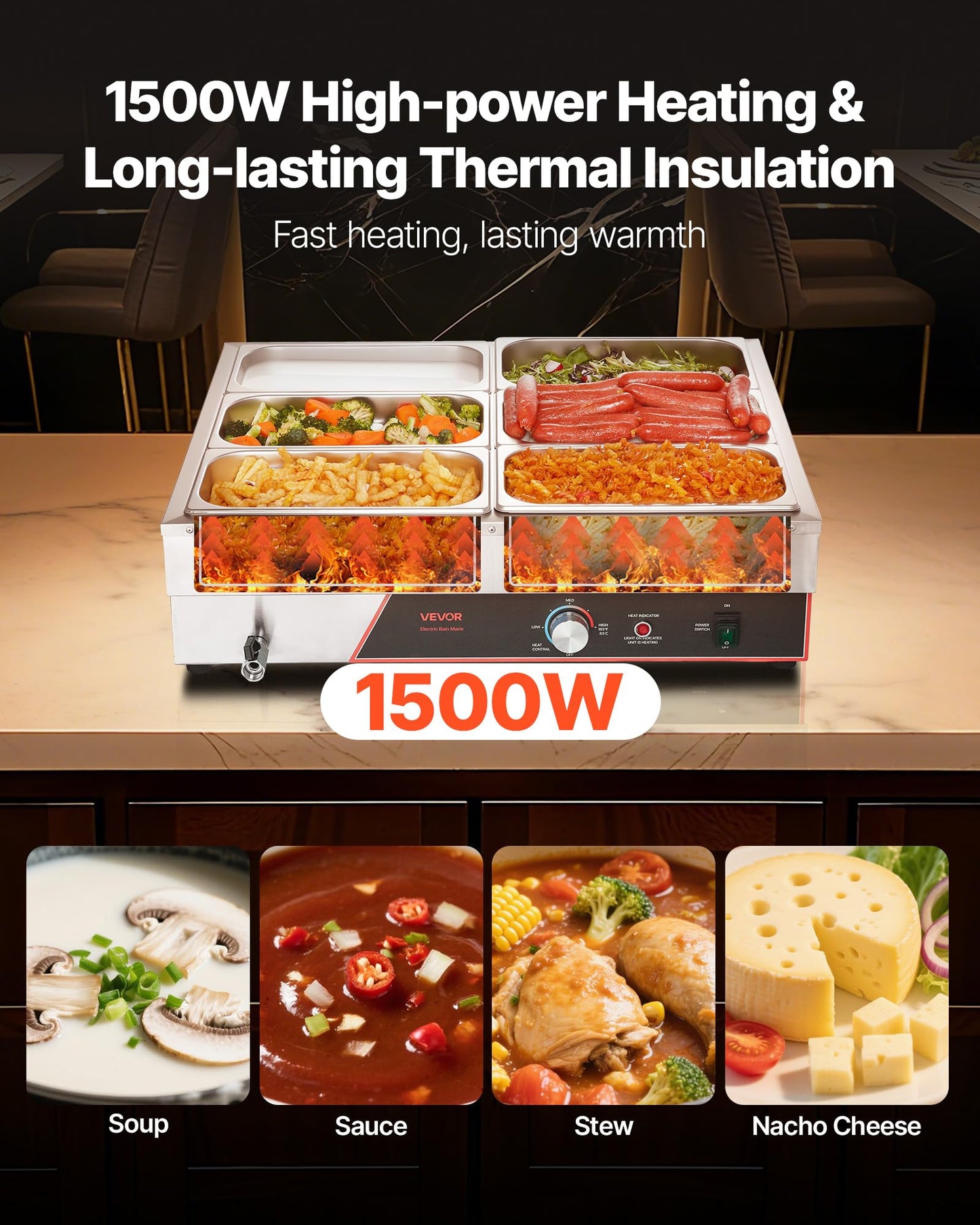 VEVOR Commercial Food Warmer, 1500W Electric Stainless Steel Steam Food Warming with Lid, 6-Pan Fast Heating Countertop Buffet Bain Marie with Power Cord, for Catering, Restaurant, Party & Buffets