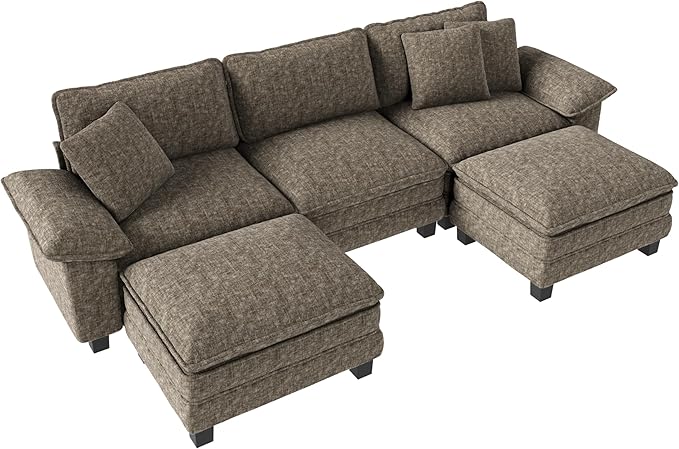 MIXPATIO 123-Inch U Shaped Sectional Sofa with Cloud Cushions, Deep Seat Modular Couch Set w/ 5 Seats & 2 Ottomans, Removable Arms, Plush Chenille Upholstery for Living Room, Apartment - Smoky Gray