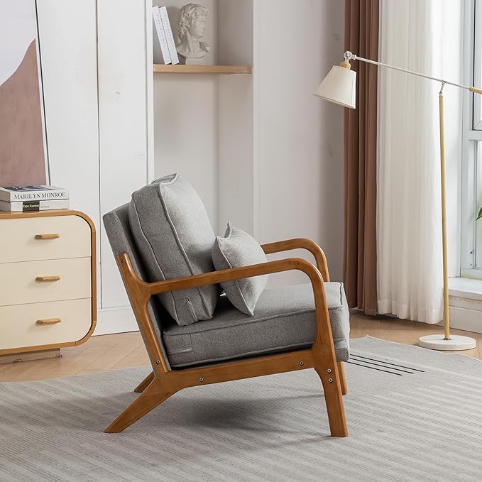 SEYNAR Mid-Century Accent Chair, Linen Fabric Lounge Chair with Wide Armrest, 13-16.5'' Low Seat Height Armchair with Lumbar Pillow & Solid Wood Frame for Living Room, Bedroom, Balcony(Light Gray)