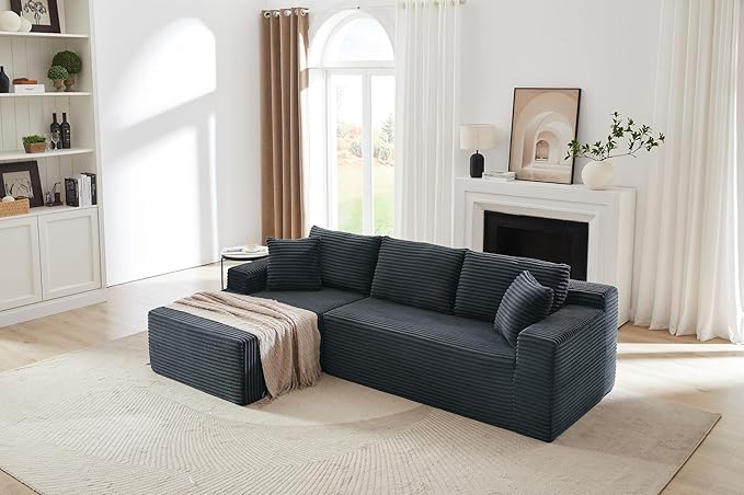 Vanress Cloud Couch Sectional, Corduroy Boneless Couch with L-Shape Chaise, Modern Modular Sectional Sofa Comfy Deep Seat for Living Room, Bedroom, No Assembly (Dark Grey, Left Facing Chaise)