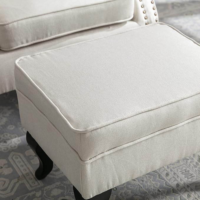 chairus Mid-Century Modern Accent Chair with Ottoman, Comfy Linen Single Sofa Chair Button Tufted Wingback Armchair with Pillow for Living Room/Bedroom/Club - Beige