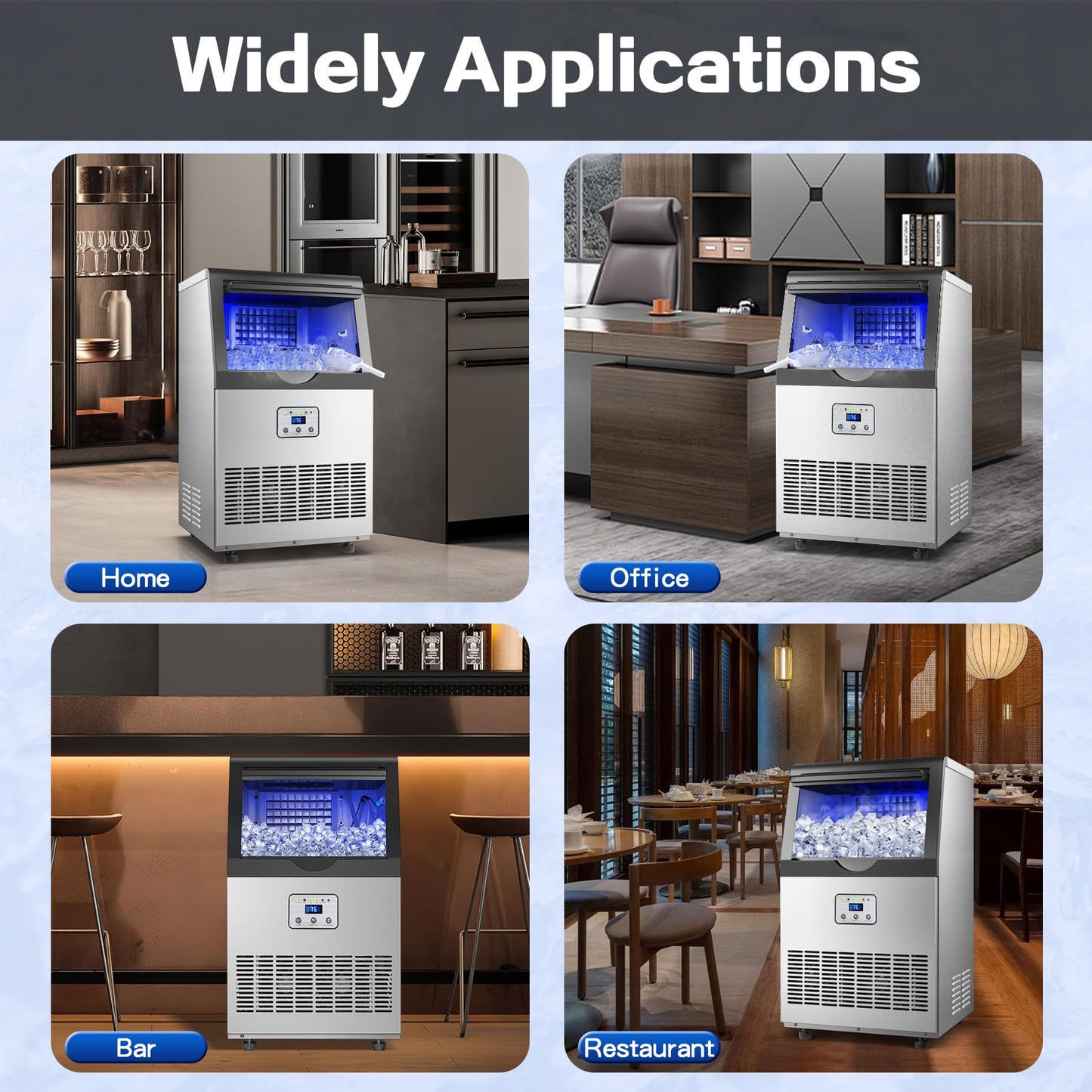 Amzgachfktch Commercial Ice Maker, 110lbs/24H Ice Maker Machine, Auto Self-Cleaning, LED Digital Display, Blue Light, Under Counter/Freestanding Ice Machine for Home/Office/Restaurant/Bar