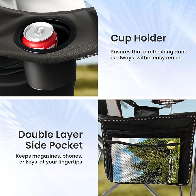 Foristrail 2 Pack Folding Camping Chairs for Adults - High Back Padded Outdoor Lawn Chairs with Lumbar Support & Cup Holder, 400lbs Heavy Duty Portable Camping Chairs Set (Light Black & Gray, 2 PCS)