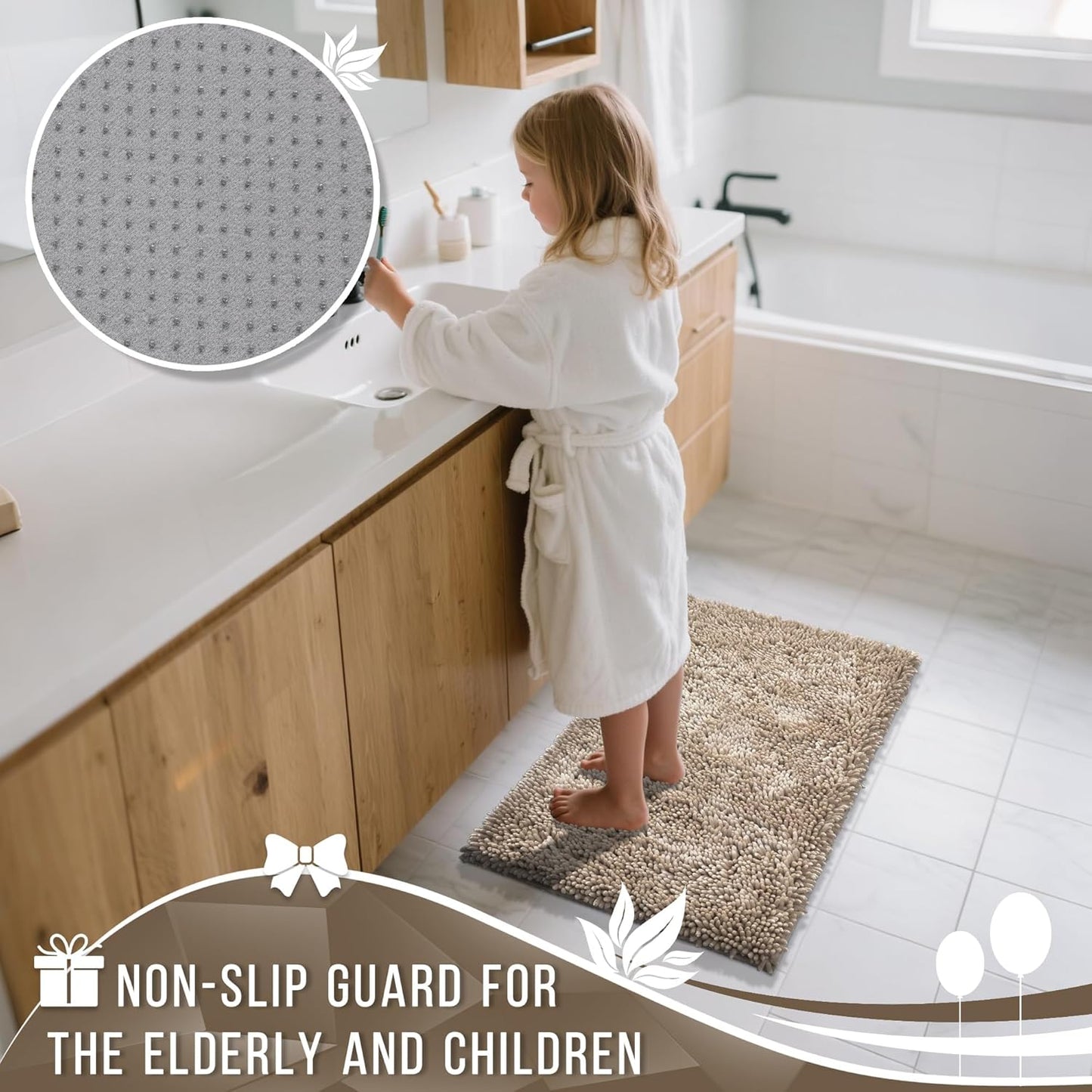Yimobra Chenille Bathroom Rugs Non Slip, Extra Thick Soft Absorbent Bath Rug 31.5x20 Inch, Machine Washable Quick Dry Bath Mat for Bathroom Floor, Tub and Shower, Home Decor Accessories, Camel