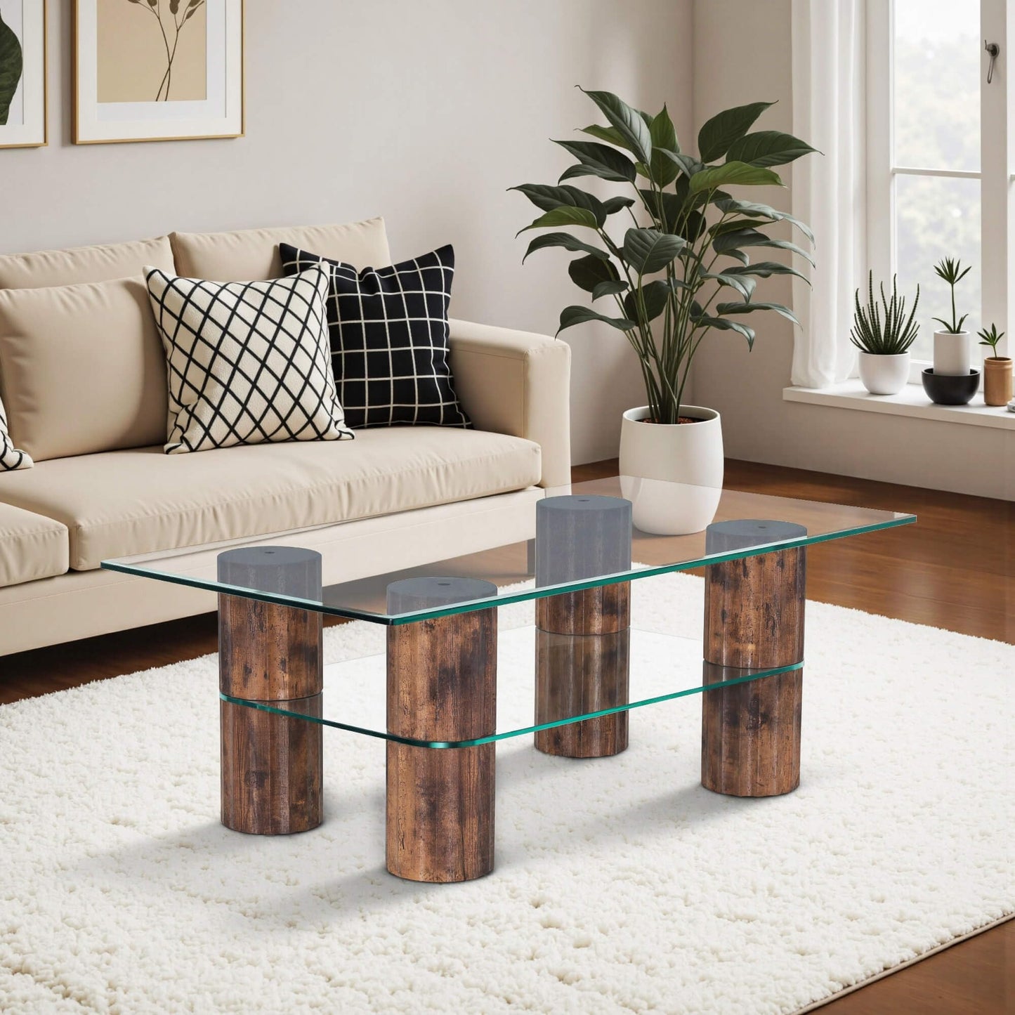 ivinta Glass Coffee Table with Storage Shelf, Modern Rectangular Center Table with Wooden Legs for Living Room, Office, Easy Assembly (44", Rustic Brown)